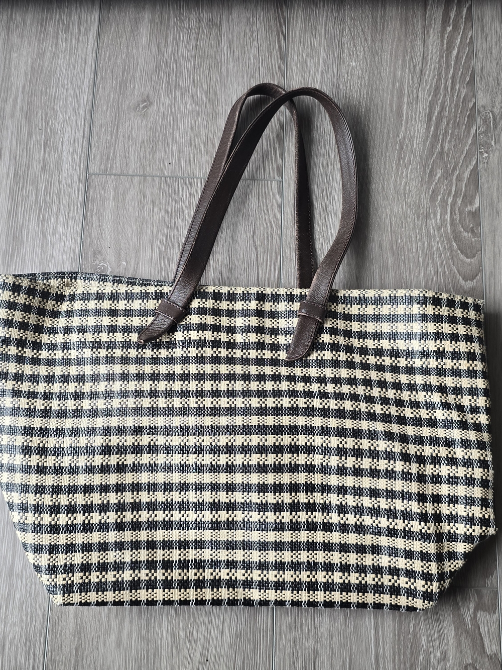 Talbots Paper Straw Woven Tote Bag Black Cream Plaid Genuine Leather - Picture 9 of 10